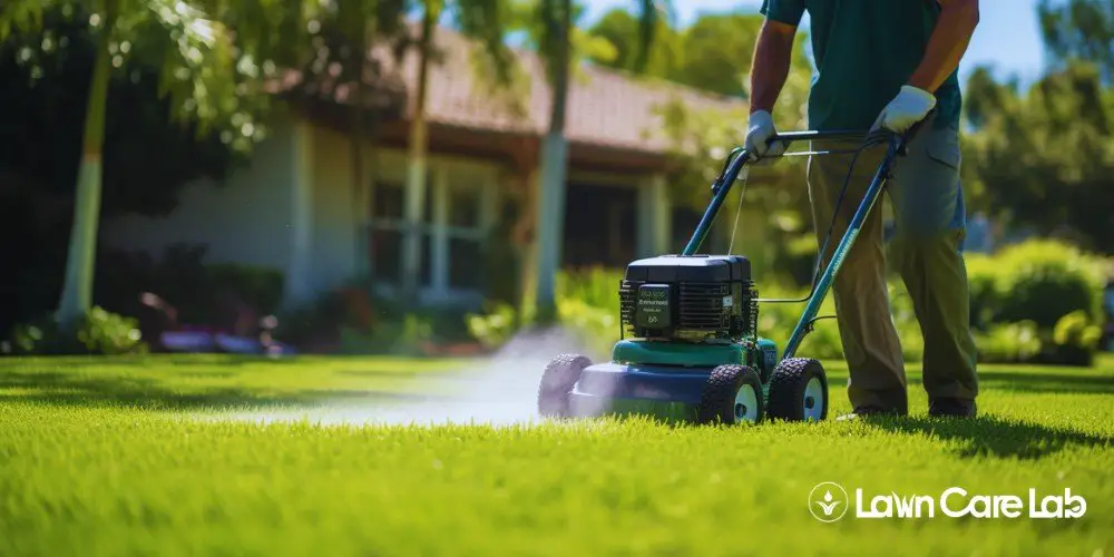 A man aerating Bermuda grass lawn